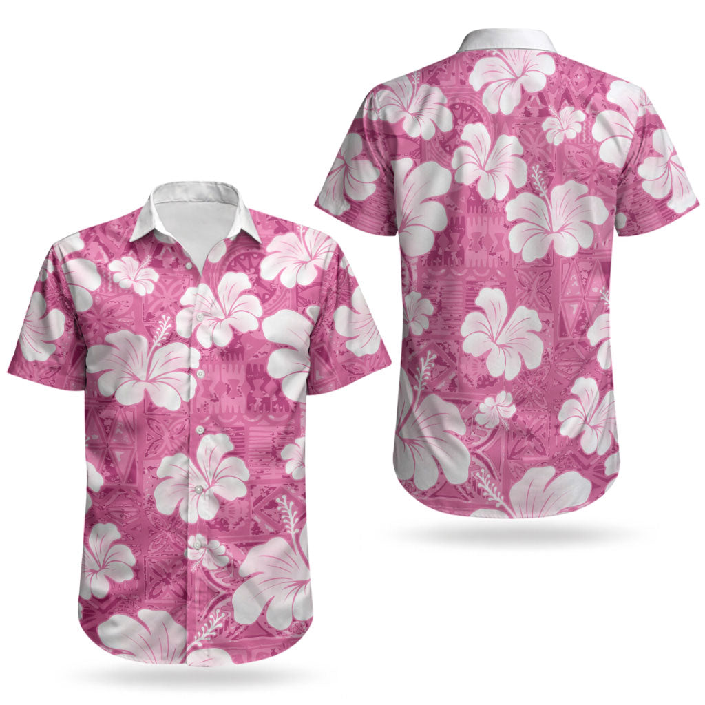 Pink Bula Fiji Masi Hibiscus Seamless Couples Matching Mermaid Dress and Hawaiian Shirt