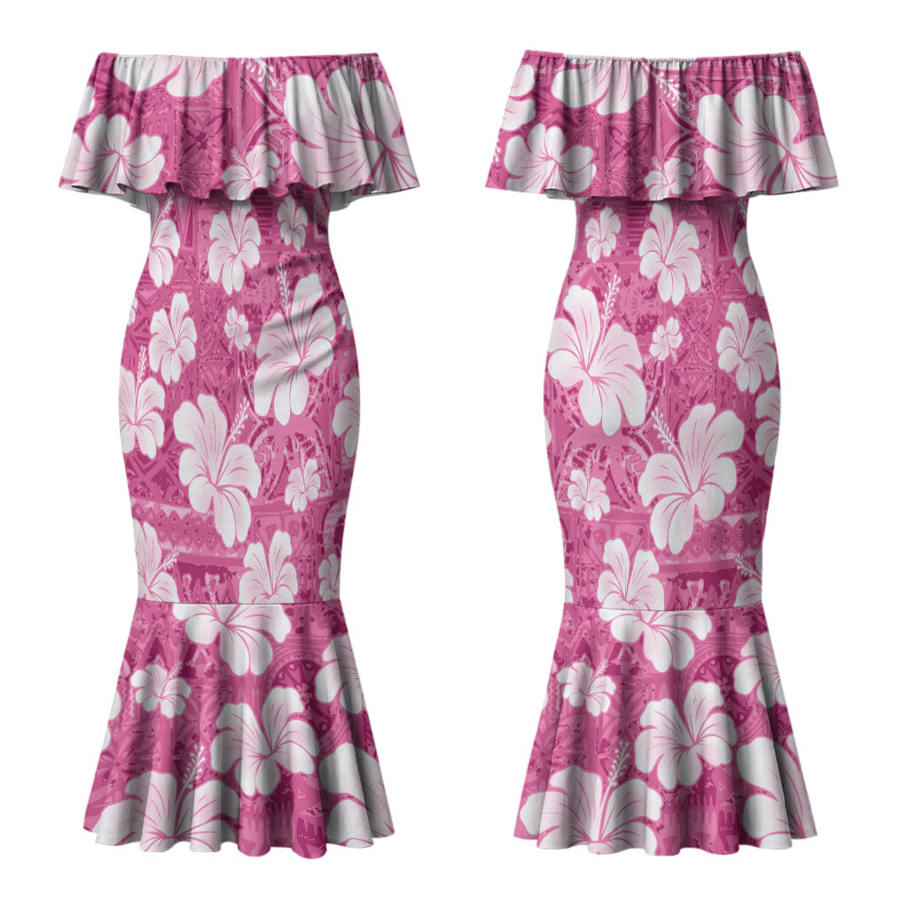Pink Bula Fiji Masi Hibiscus Seamless Couples Matching Mermaid Dress and Hawaiian Shirt