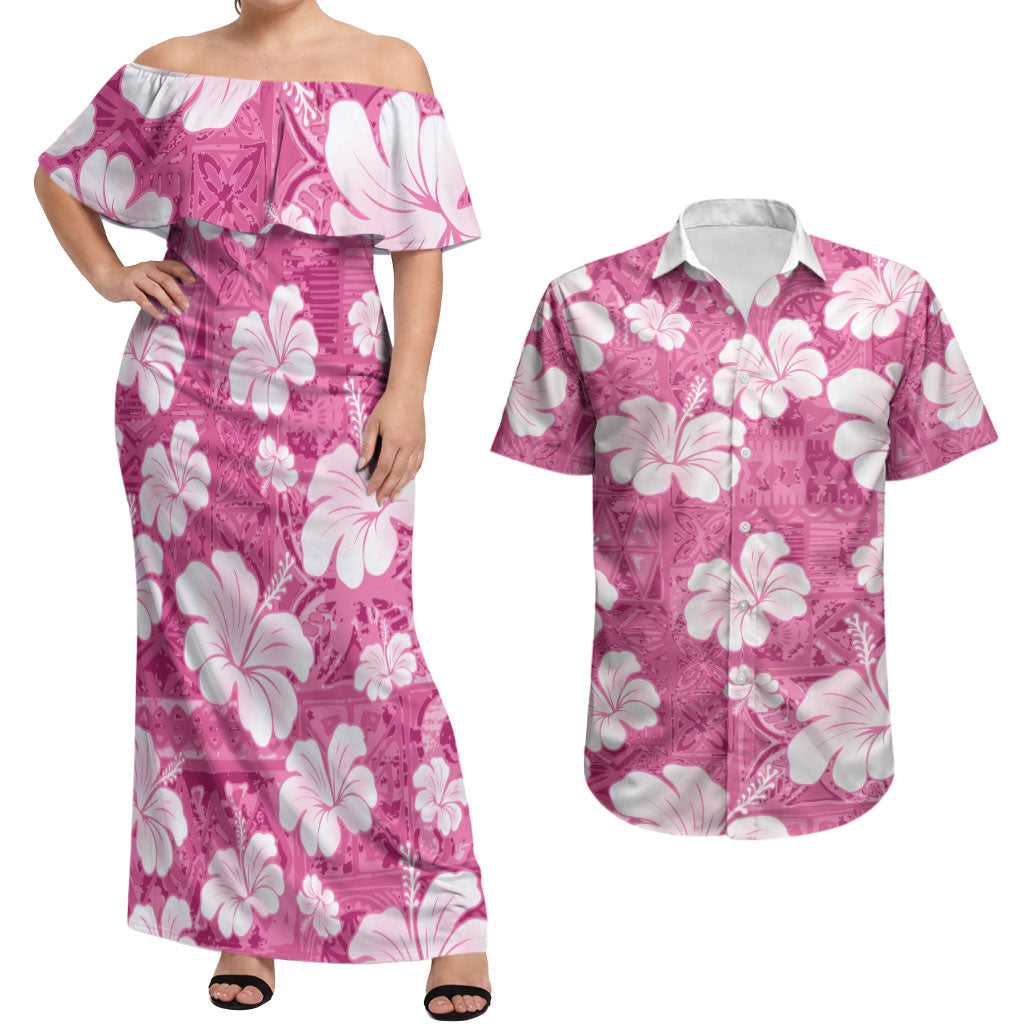 Pink Bula Fiji Masi Hibiscus Seamless Couples Matching Off Shoulder Maxi Dress and Hawaiian Shirt
