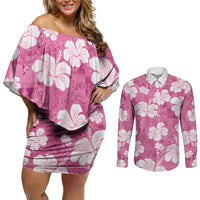Pink Bula Fiji Masi Hibiscus Seamless Couples Matching Off Shoulder Short Dress and Long Sleeve Button Shirt