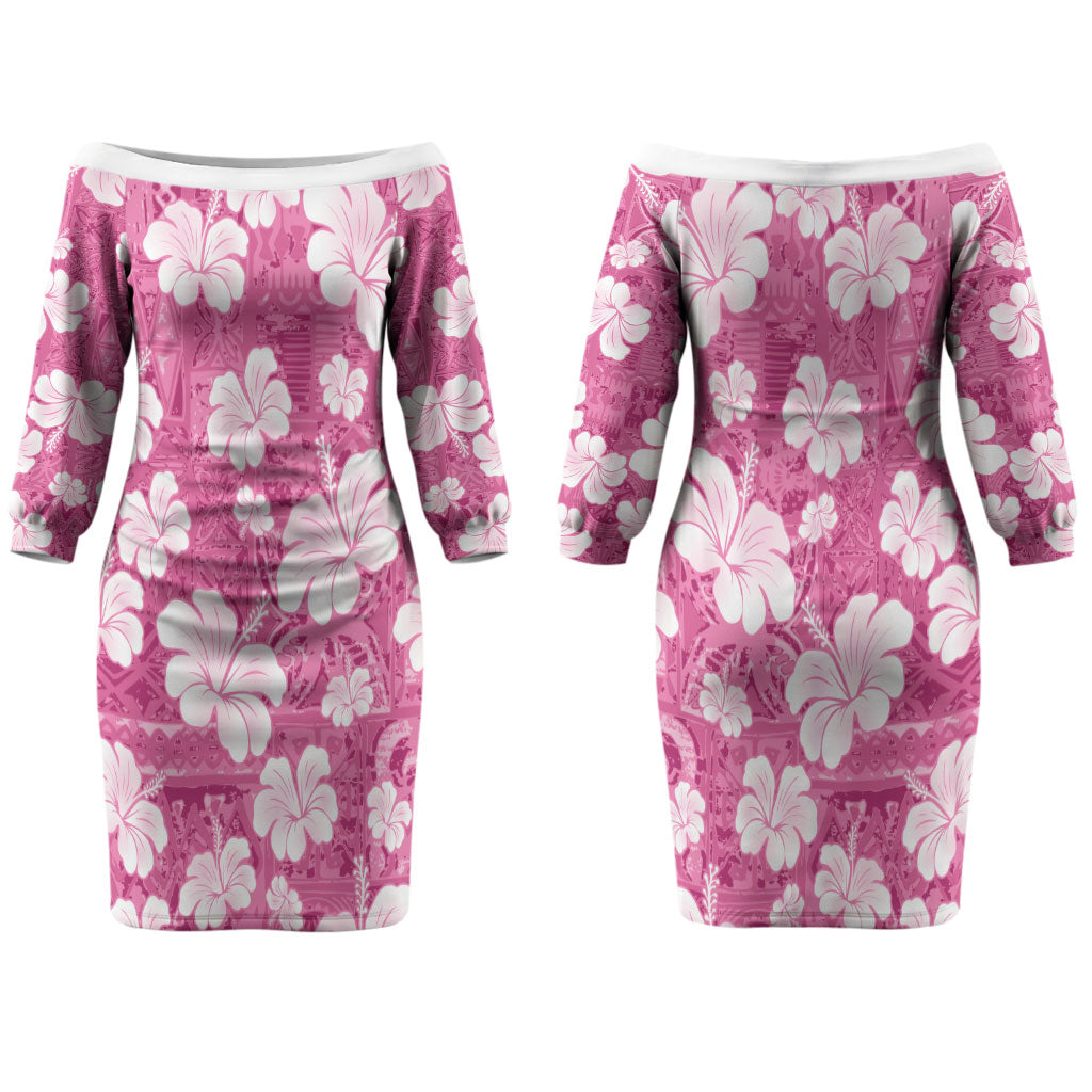 Pink Bula Fiji Masi Hibiscus Seamless Couples Matching Off The Shoulder Long Sleeve Dress and Hawaiian Shirt