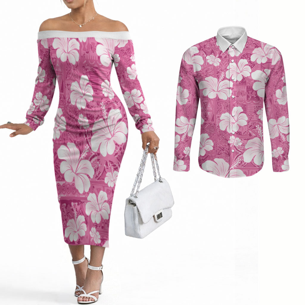 Pink Bula Fiji Masi Hibiscus Seamless Couples Matching Off The Shoulder Long Sleeve Dress and Long Sleeve Button Shirt