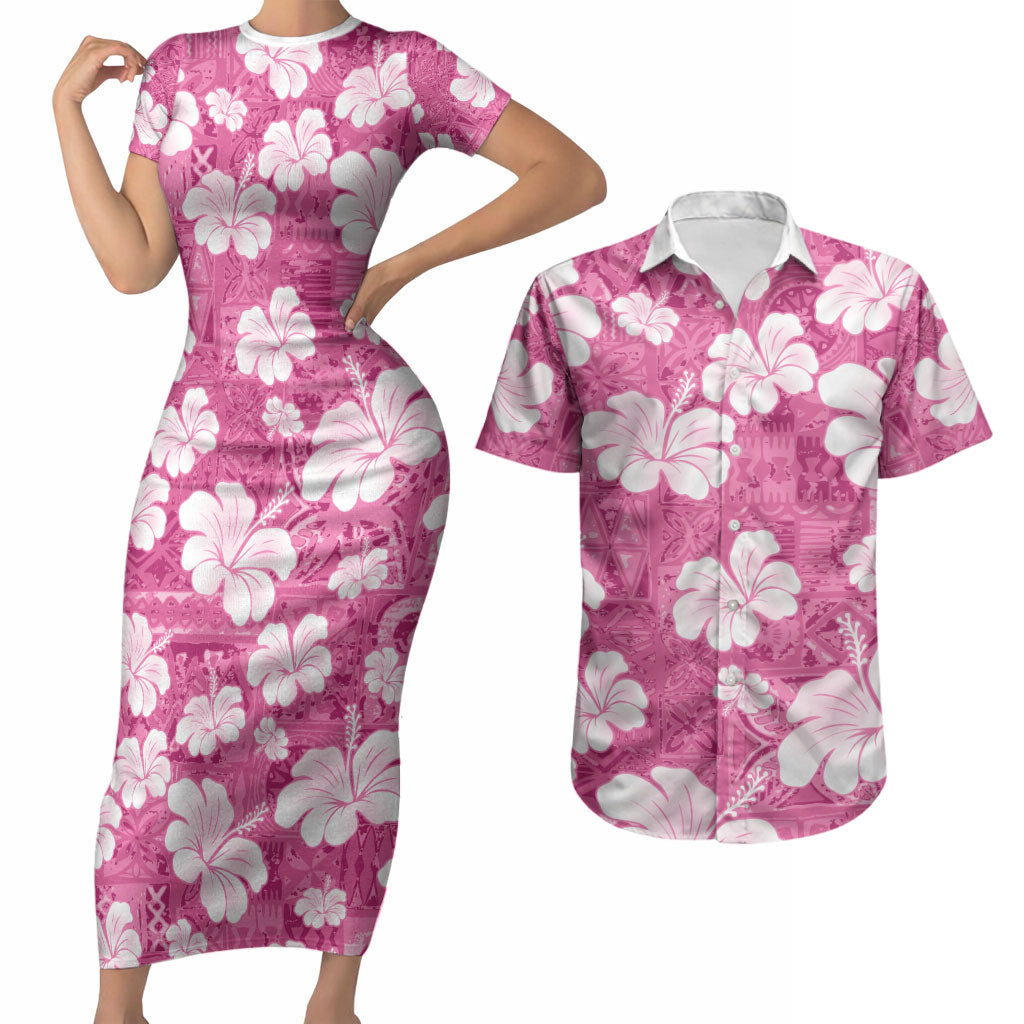 Pink Bula Fiji Masi Hibiscus Seamless Couples Matching Short Sleeve Bodycon Dress and Hawaiian Shirt