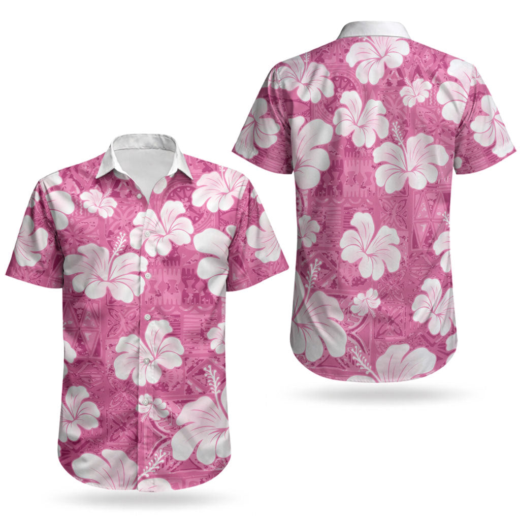 Pink Bula Fiji Masi Hibiscus Seamless Couples Matching Short Sleeve Bodycon Dress and Hawaiian Shirt