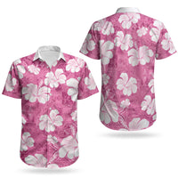 Pink Bula Fiji Masi Hibiscus Seamless Couples Matching Short Sleeve Bodycon Dress and Hawaiian Shirt