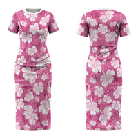 Pink Bula Fiji Masi Hibiscus Seamless Couples Matching Short Sleeve Bodycon Dress and Hawaiian Shirt