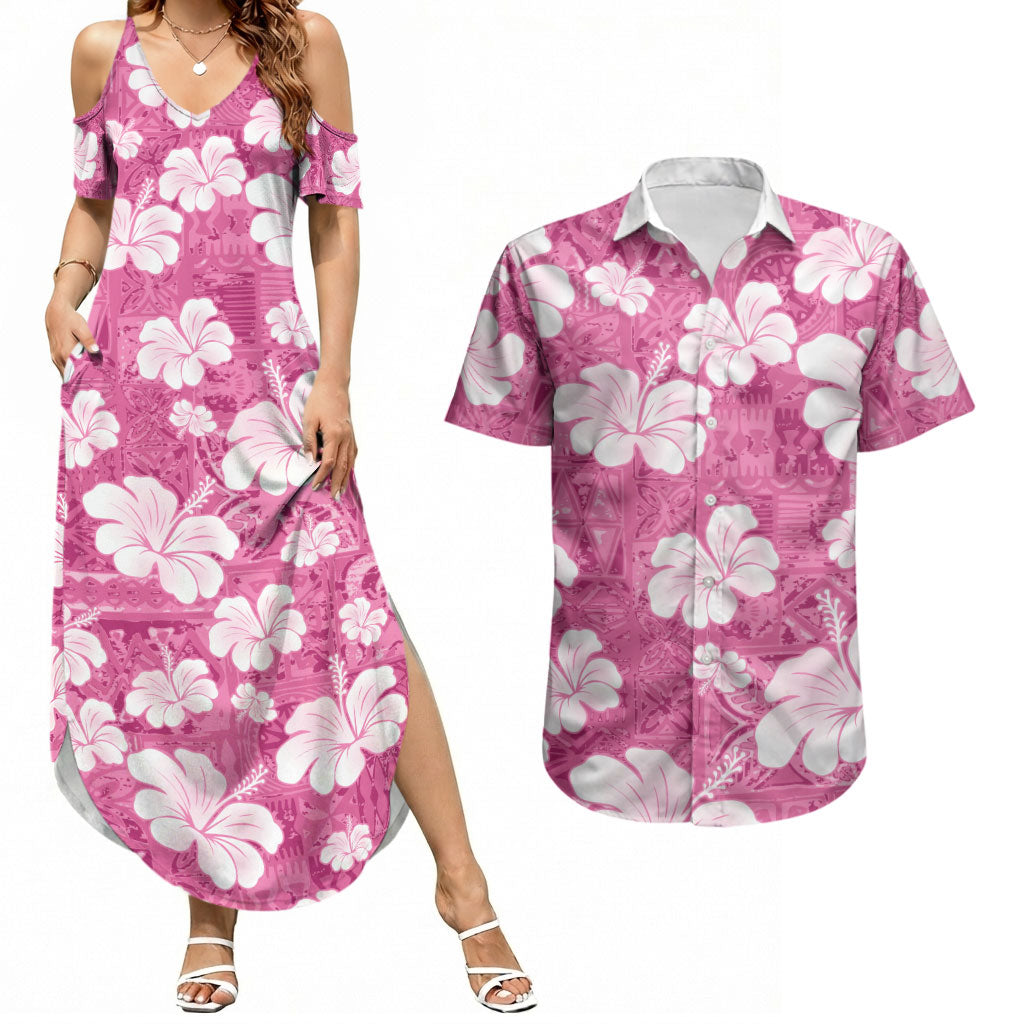 Pink Bula Fiji Masi Hibiscus Seamless Couples Matching Summer Maxi Dress and Hawaiian Shirt
