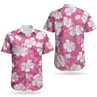 Pink Bula Fiji Masi Hibiscus Seamless Couples Matching Tank Maxi Dress and Hawaiian Shirt