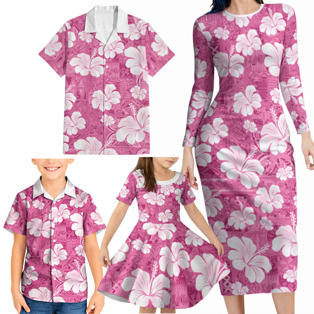 Pink Bula Fiji Masi Hibiscus Seamless Family Matching Long Sleeve Bodycon Dress and Hawaiian Shirt