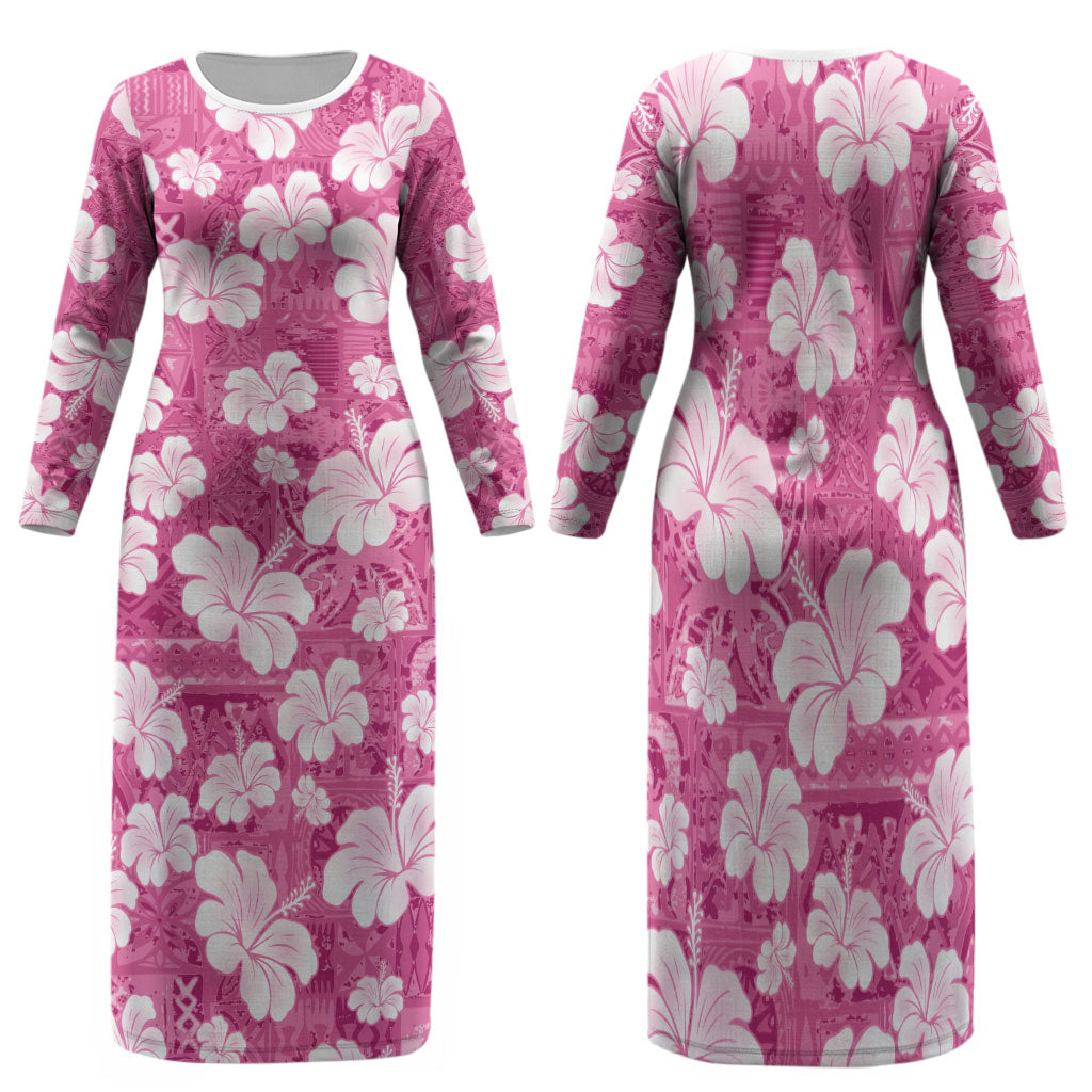Pink Bula Fiji Masi Hibiscus Seamless Family Matching Long Sleeve Bodycon Dress and Hawaiian Shirt