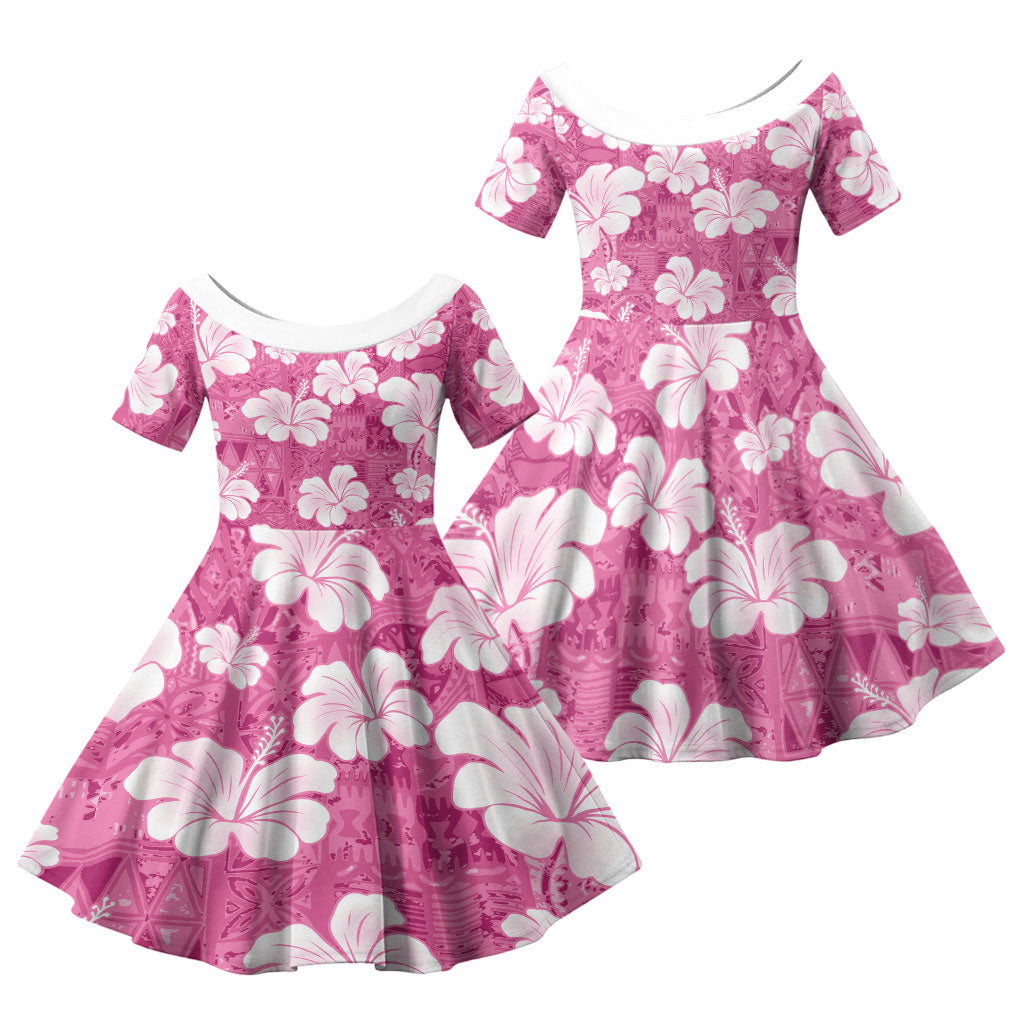 Pink Bula Fiji Masi Hibiscus Seamless Family Matching Long Sleeve Bodycon Dress and Hawaiian Shirt