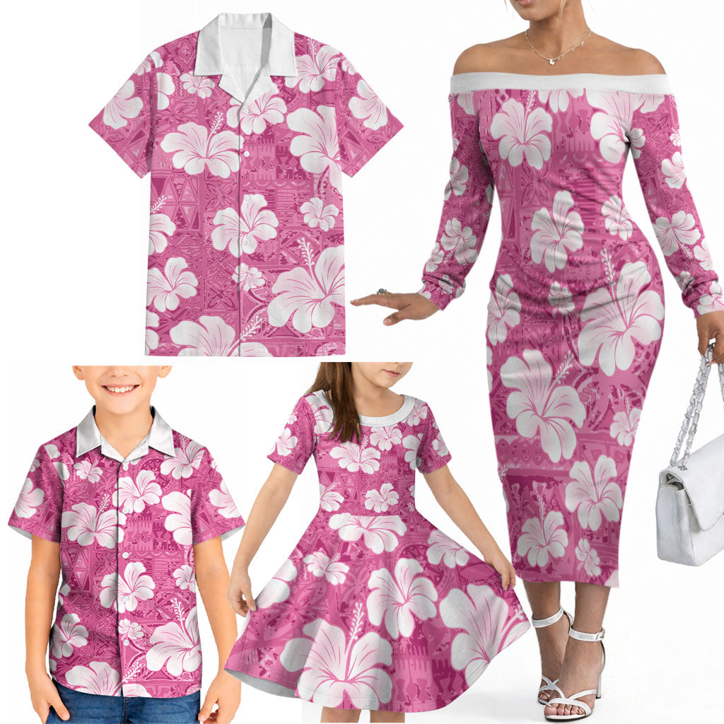 Pink Bula Fiji Masi Hibiscus Seamless Family Matching Off The Shoulder Long Sleeve Dress and Hawaiian Shirt