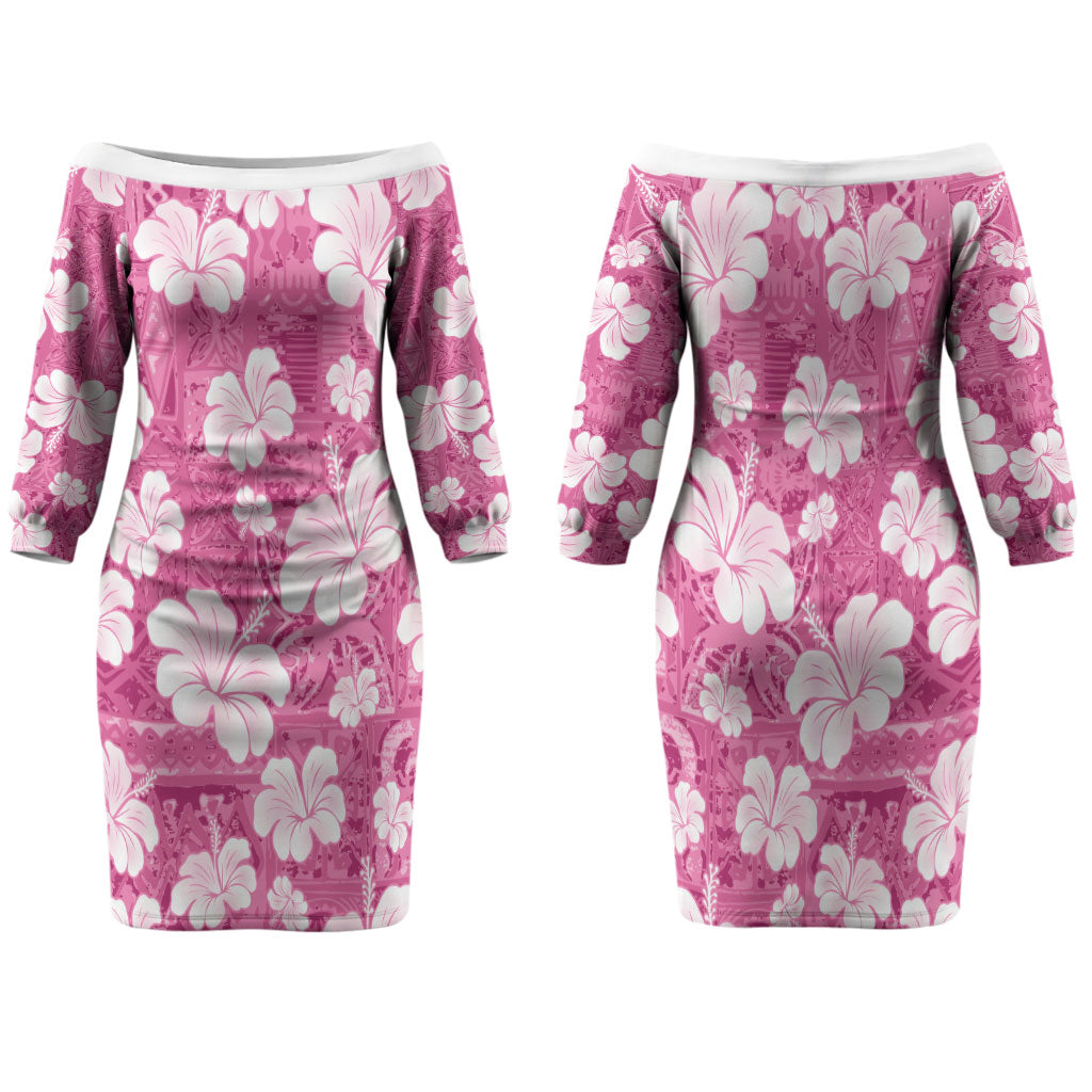 Pink Bula Fiji Masi Hibiscus Seamless Family Matching Off The Shoulder Long Sleeve Dress and Hawaiian Shirt