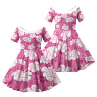 Pink Bula Fiji Masi Hibiscus Seamless Family Matching Off The Shoulder Long Sleeve Dress and Hawaiian Shirt
