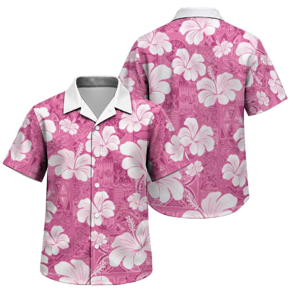 Pink Bula Fiji Masi Hibiscus Seamless Family Matching Off The Shoulder Long Sleeve Dress and Hawaiian Shirt