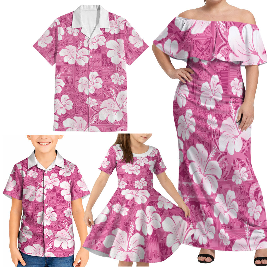 Pink Bula Fiji Masi Hibiscus Seamless Family Matching Off Shoulder Maxi Dress and Hawaiian Shirt
