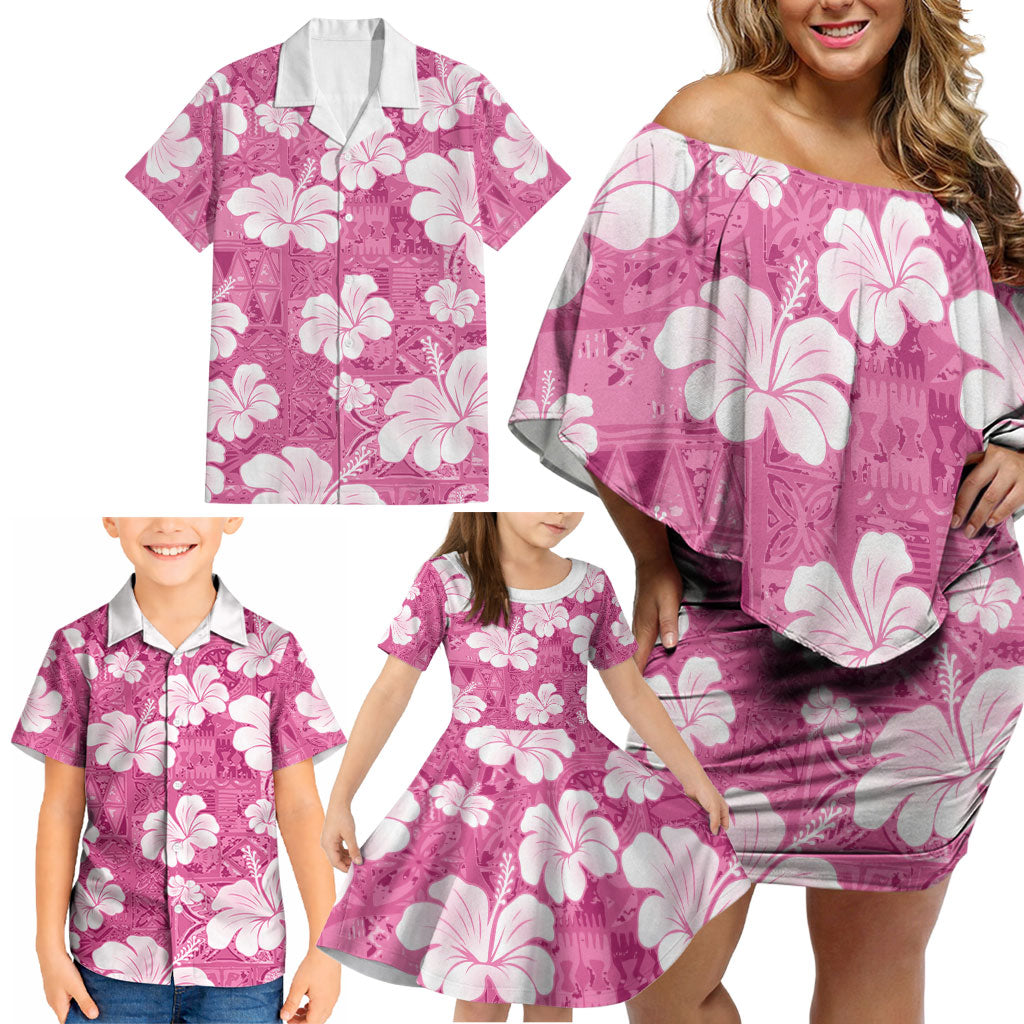 Pink Bula Fiji Masi Hibiscus Seamless Family Matching Off Shoulder Short Dress and Hawaiian Shirt