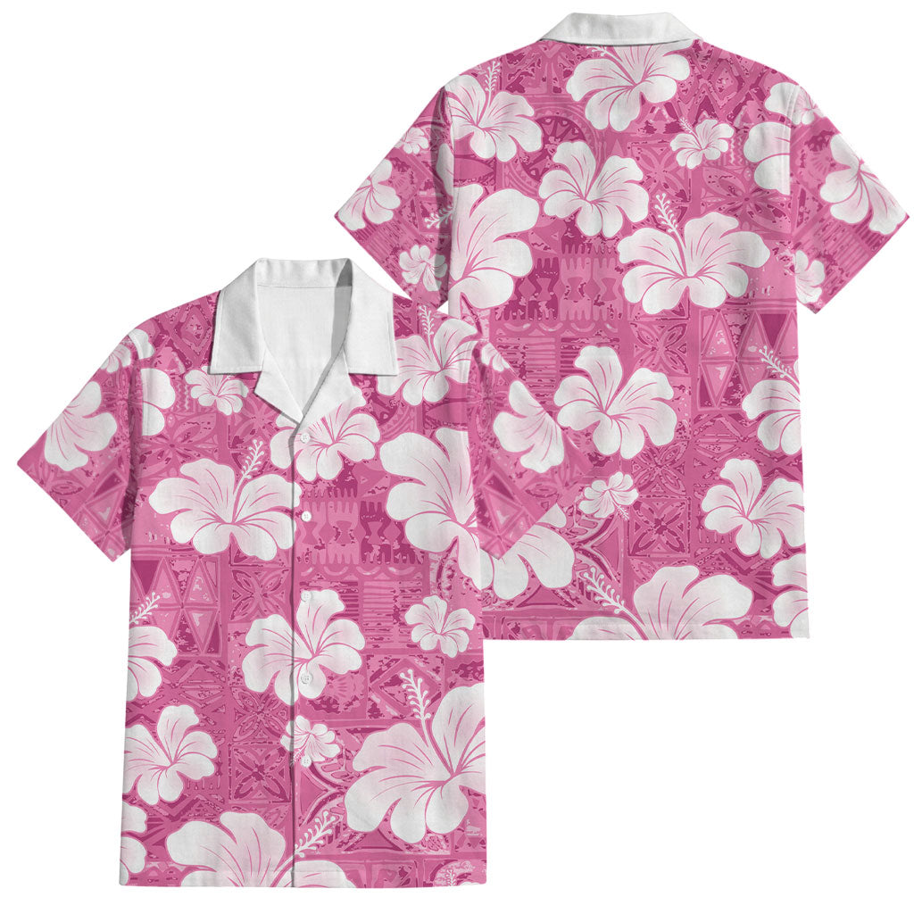 Pink Bula Fiji Masi Hibiscus Seamless Family Matching Off Shoulder Short Dress and Hawaiian Shirt
