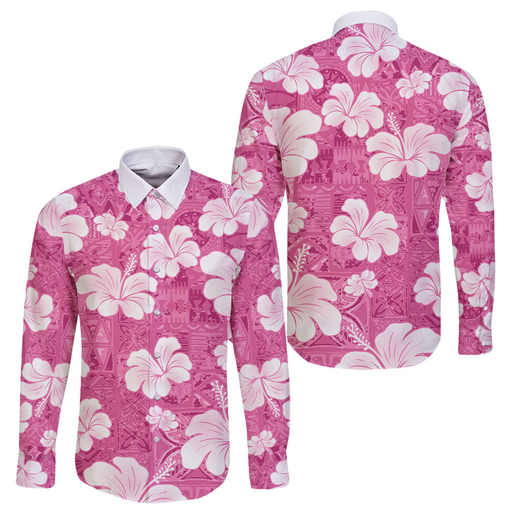 Pink Bula Fiji Masi Hibiscus Seamless Family Matching Off Shoulder Short Dress and Hawaiian Shirt