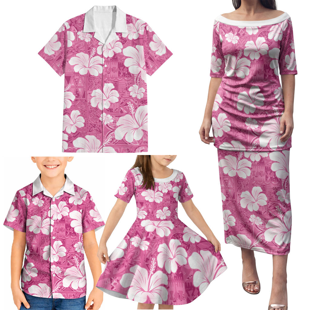 Pink Bula Fiji Masi Hibiscus Seamless Family Matching Puletasi and Hawaiian Shirt