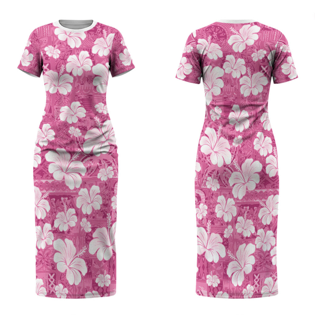 Pink Bula Fiji Masi Hibiscus Seamless Family Matching Short Sleeve Bodycon Dress and Hawaiian Shirt