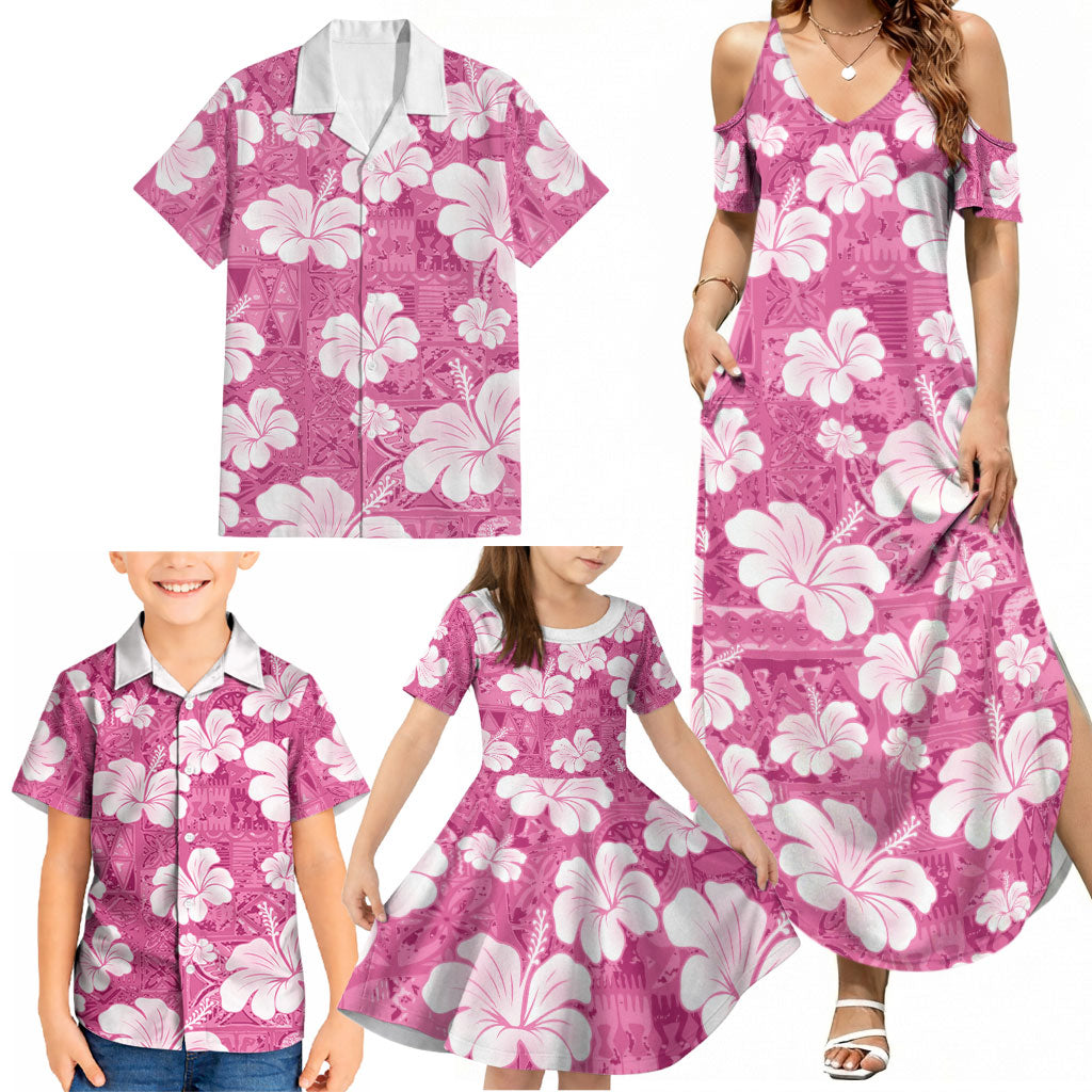 Pink Bula Fiji Masi Hibiscus Seamless Family Matching Summer Maxi Dress and Hawaiian Shirt