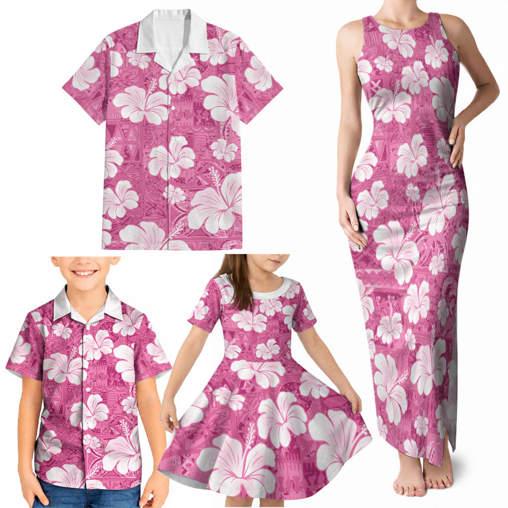 Pink Bula Fiji Masi Hibiscus Seamless Family Matching Tank Maxi Dress and Hawaiian Shirt