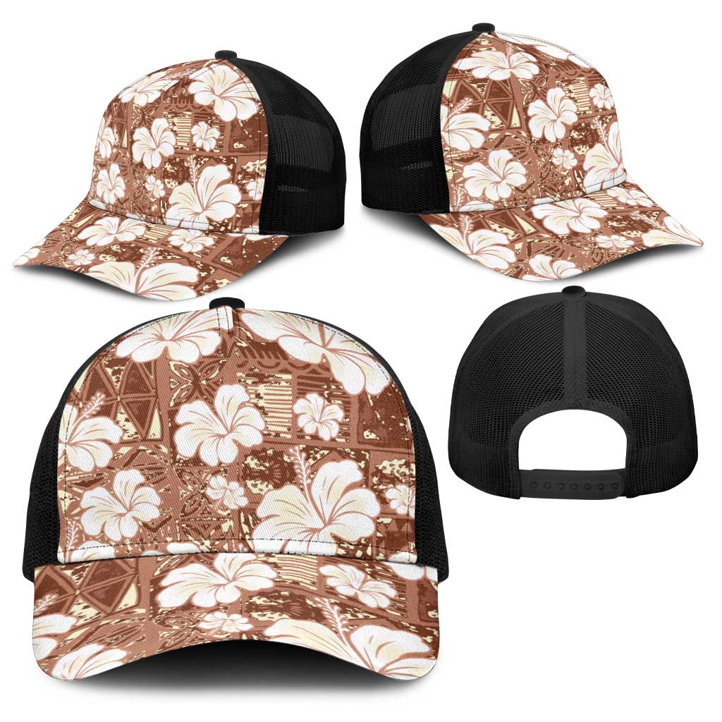 Brown Bula Fiji Masi Hibiscus Seamless Baseball Net Cap