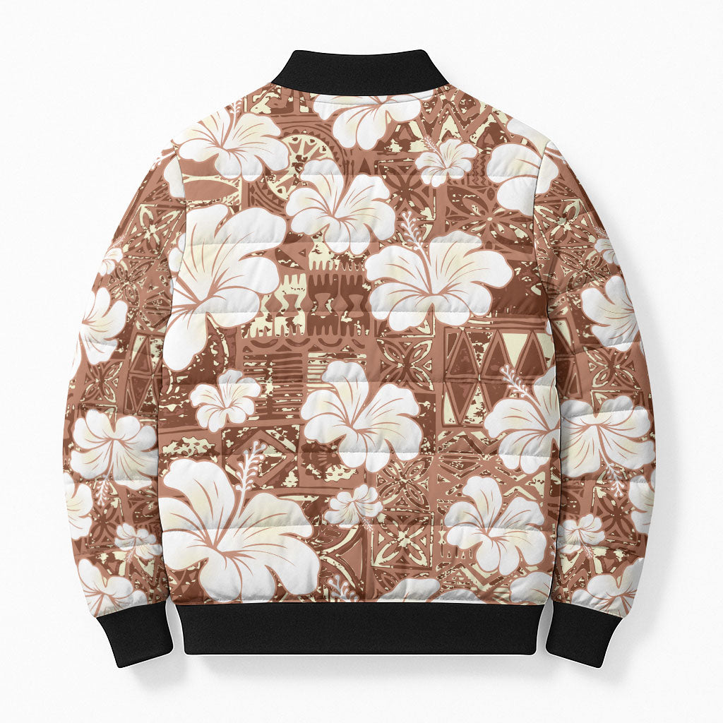 Brown Bula Fiji Masi Hibiscus Seamless Bomber Puffer Jacket