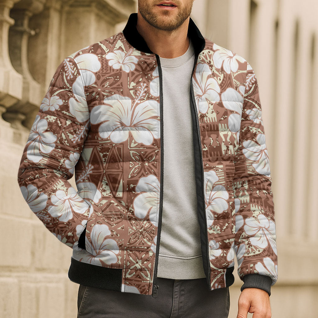 Brown Bula Fiji Masi Hibiscus Seamless Bomber Puffer Jacket