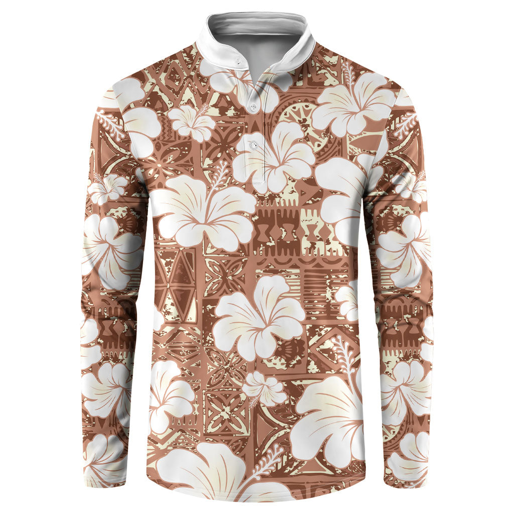 Brown Bula Fiji Masi Hibiscus Seamless Button Sweatshirt