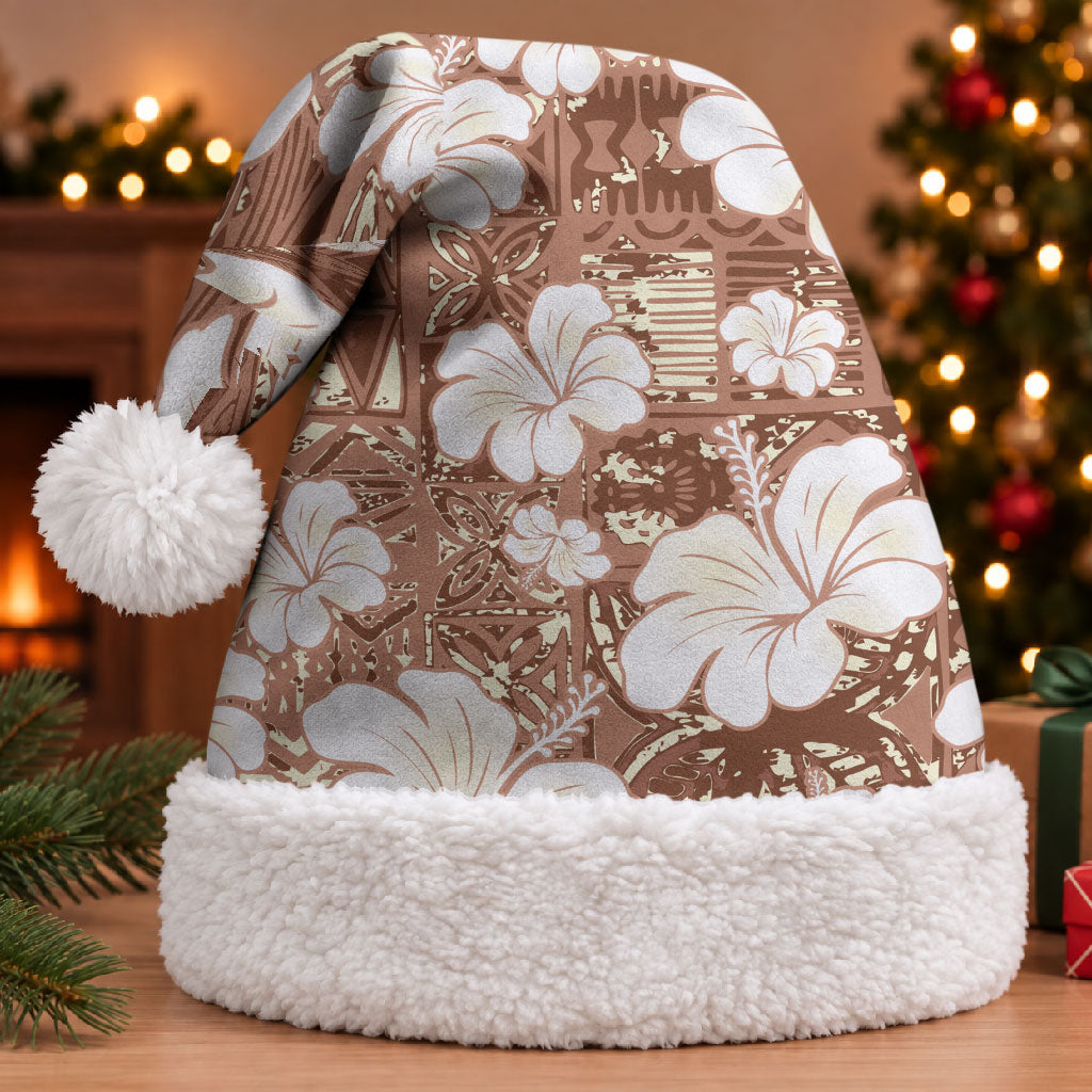 Brown Bula Fiji Masi Hibiscus Seamless Christmas Santa Hat LT14