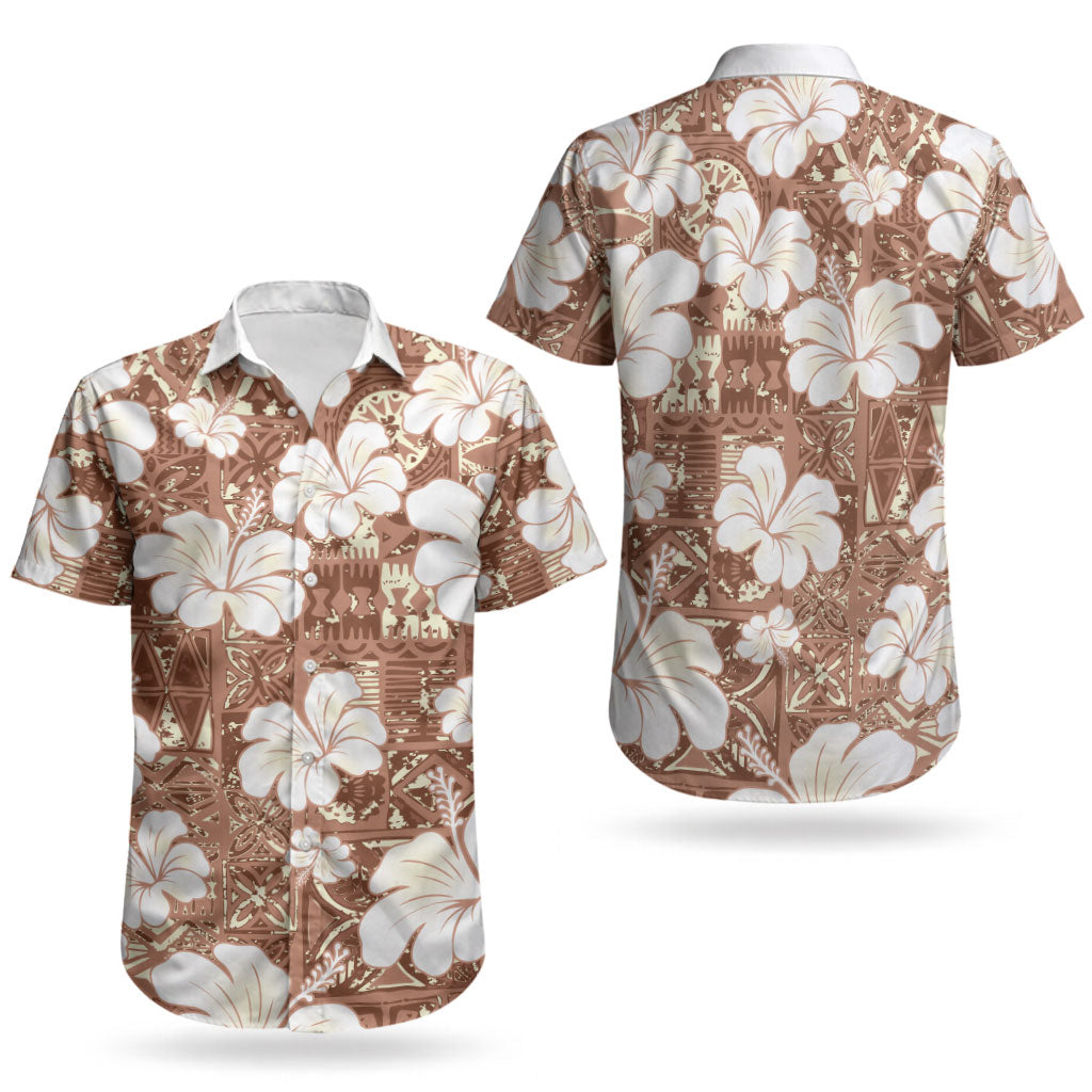 Brown Bula Fiji Masi Hibiscus Seamless Couples Matching Long Sleeve Bodycon Dress and Hawaiian Shirt