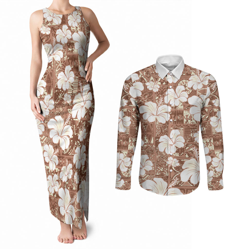 Brown Bula Fiji Masi Hibiscus Seamless Couples Matching Tank Maxi Dress and Long Sleeve Button Shirt