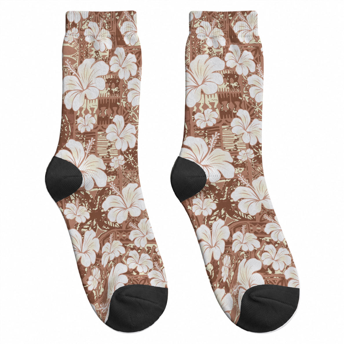 Brown Bula Fiji Masi Hibiscus Seamless Crew Socks LT14 - Polynesian Pride