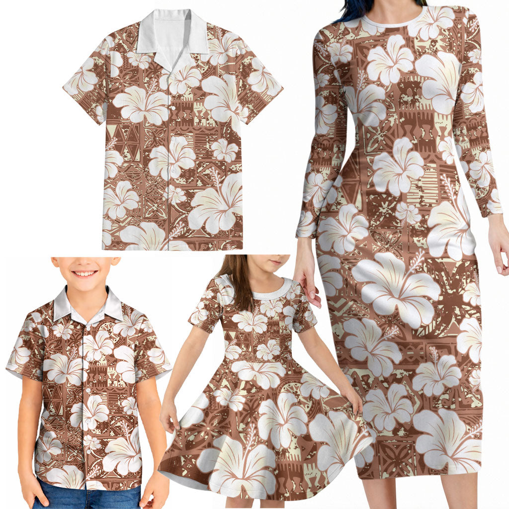 Brown Bula Fiji Masi Hibiscus Seamless Family Matching Long Sleeve Bodycon Dress and Hawaiian Shirt