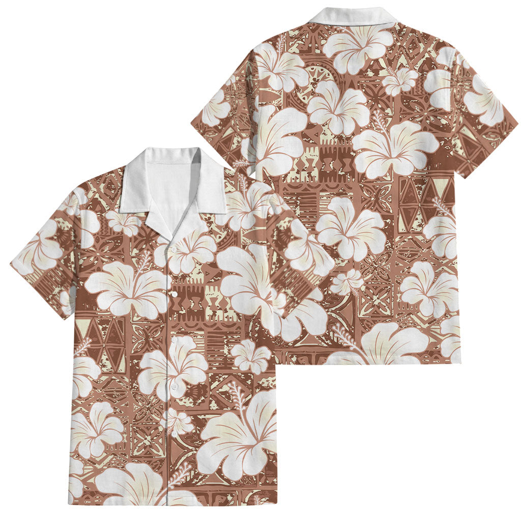 Brown Bula Fiji Masi Hibiscus Seamless Family Matching Long Sleeve Bodycon Dress and Hawaiian Shirt