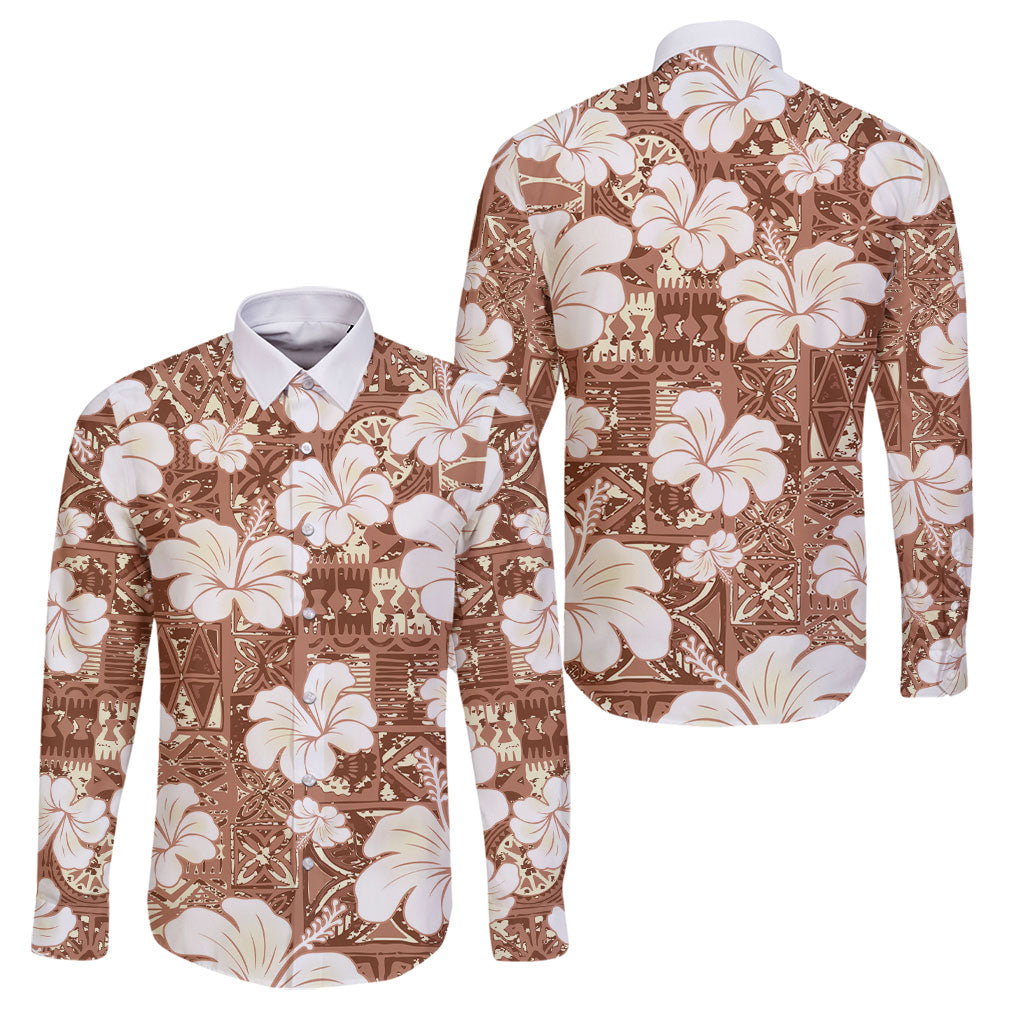 Brown Bula Fiji Masi Hibiscus Seamless Family Matching Long Sleeve Bodycon Dress and Hawaiian Shirt