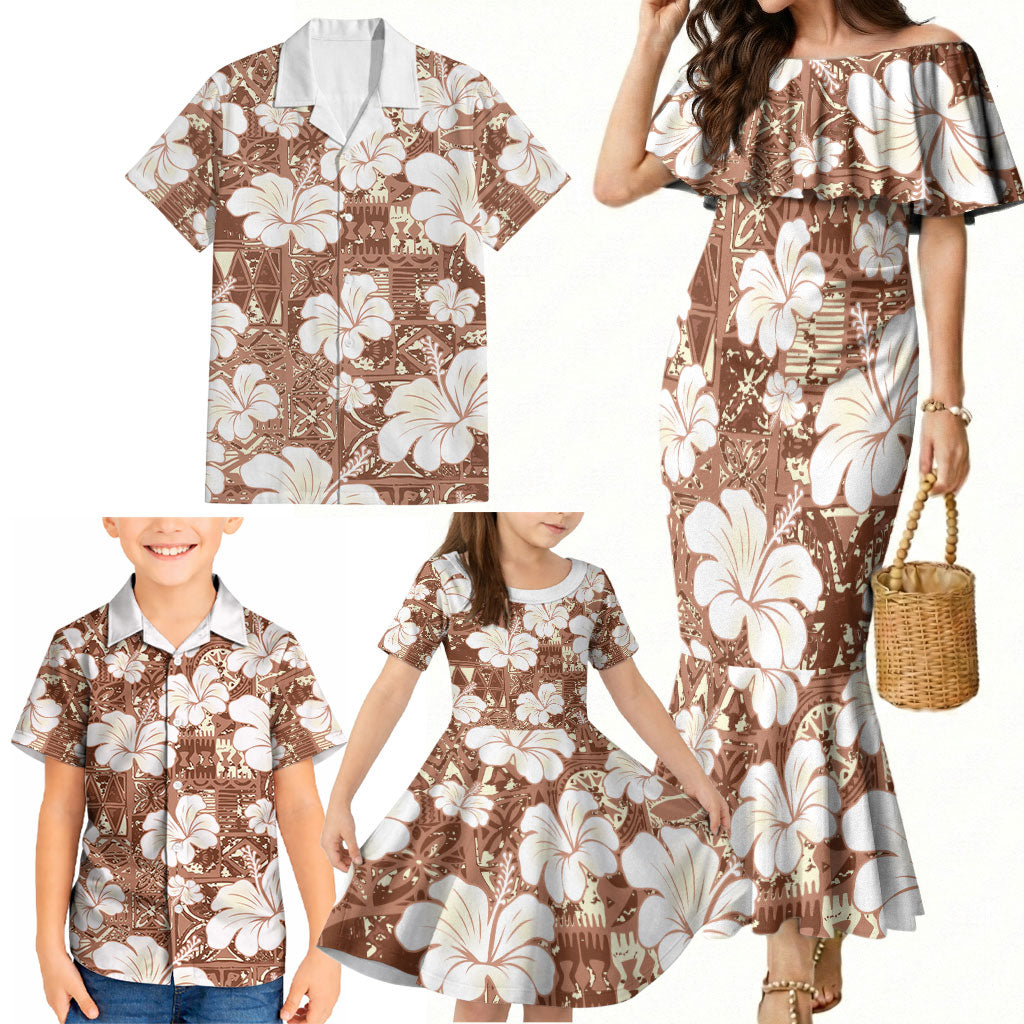 Brown Bula Fiji Masi Hibiscus Seamless Family Matching Mermaid Dress and Hawaiian Shirt