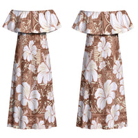 Brown Bula Fiji Masi Hibiscus Seamless Family Matching Off Shoulder Maxi Dress and Hawaiian Shirt
