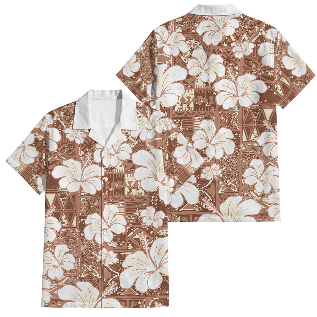 Brown Bula Fiji Masi Hibiscus Seamless Family Matching Puletasi and Hawaiian Shirt