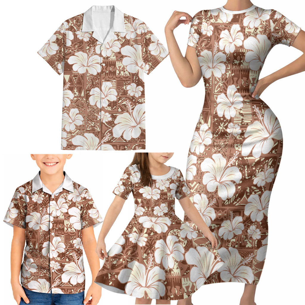 Brown Bula Fiji Masi Hibiscus Seamless Family Matching Short Sleeve Bodycon Dress and Hawaiian Shirt