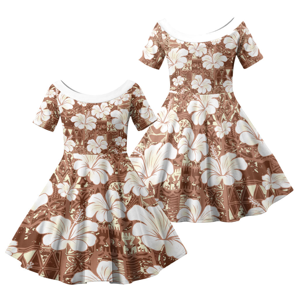 Brown Bula Fiji Masi Hibiscus Seamless Family Matching Short Sleeve Bodycon Dress and Hawaiian Shirt