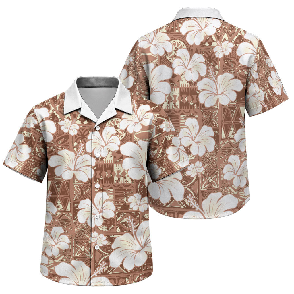 Brown Bula Fiji Masi Hibiscus Seamless Family Matching Short Sleeve Bodycon Dress and Hawaiian Shirt