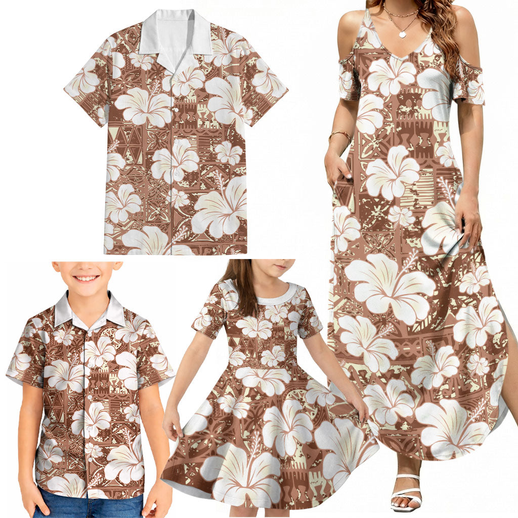 Brown Bula Fiji Masi Hibiscus Seamless Family Matching Summer Maxi Dress and Hawaiian Shirt