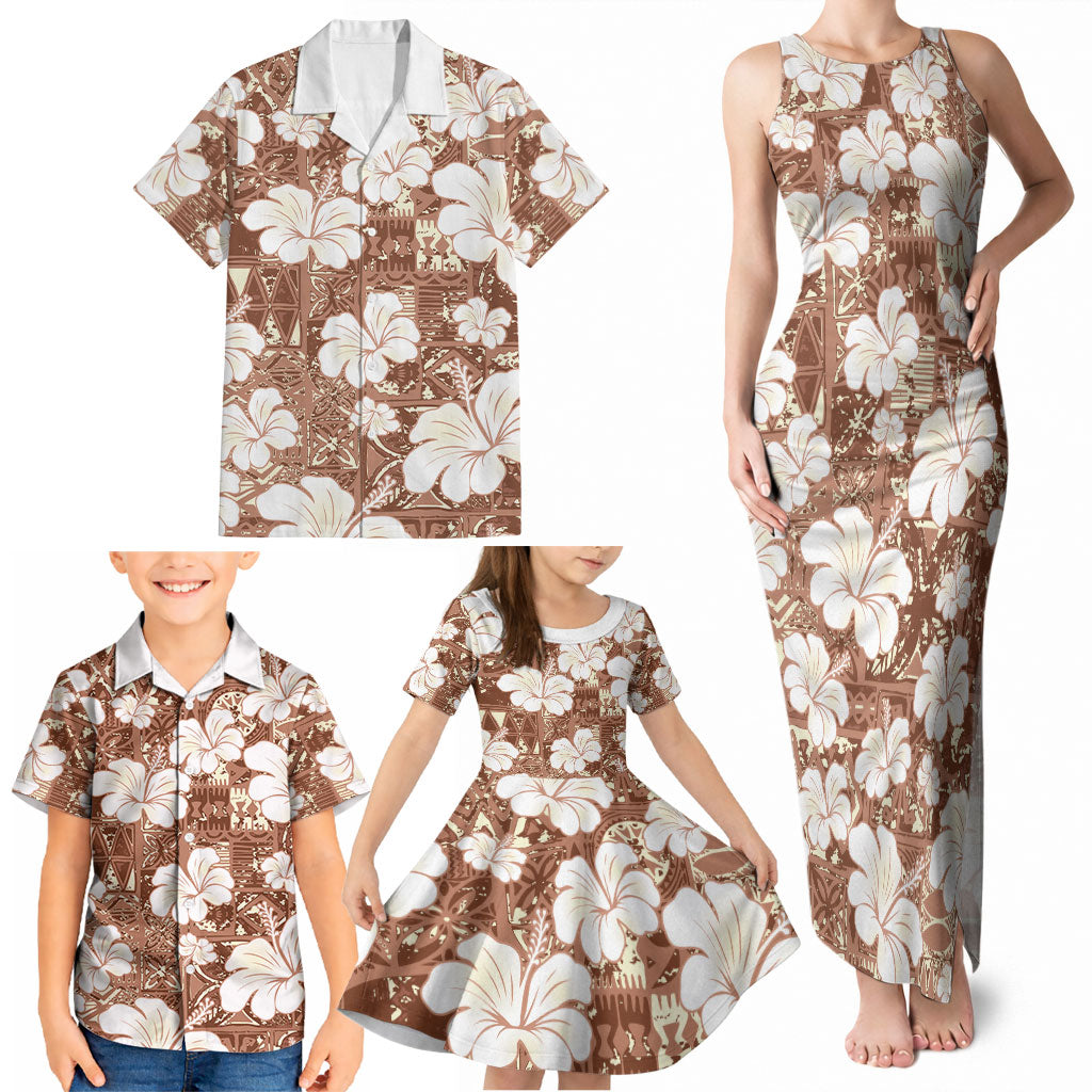 Brown Bula Fiji Masi Hibiscus Seamless Family Matching Tank Maxi Dress and Hawaiian Shirt