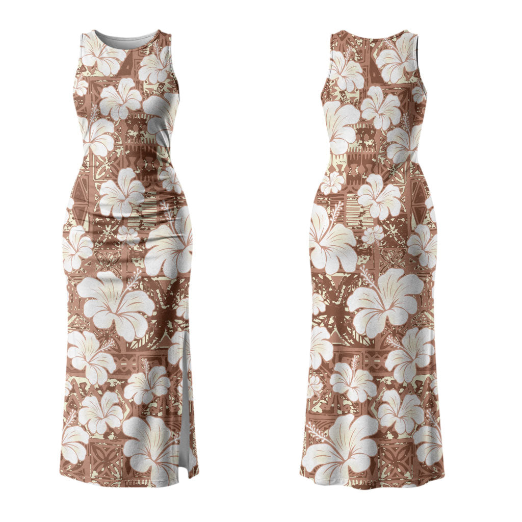 Brown Bula Fiji Masi Hibiscus Seamless Family Matching Tank Maxi Dress and Hawaiian Shirt