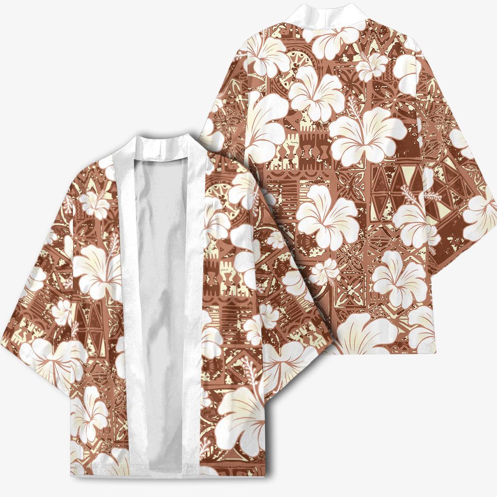 Brown Bula Fiji Masi Hibiscus Seamless Kimono