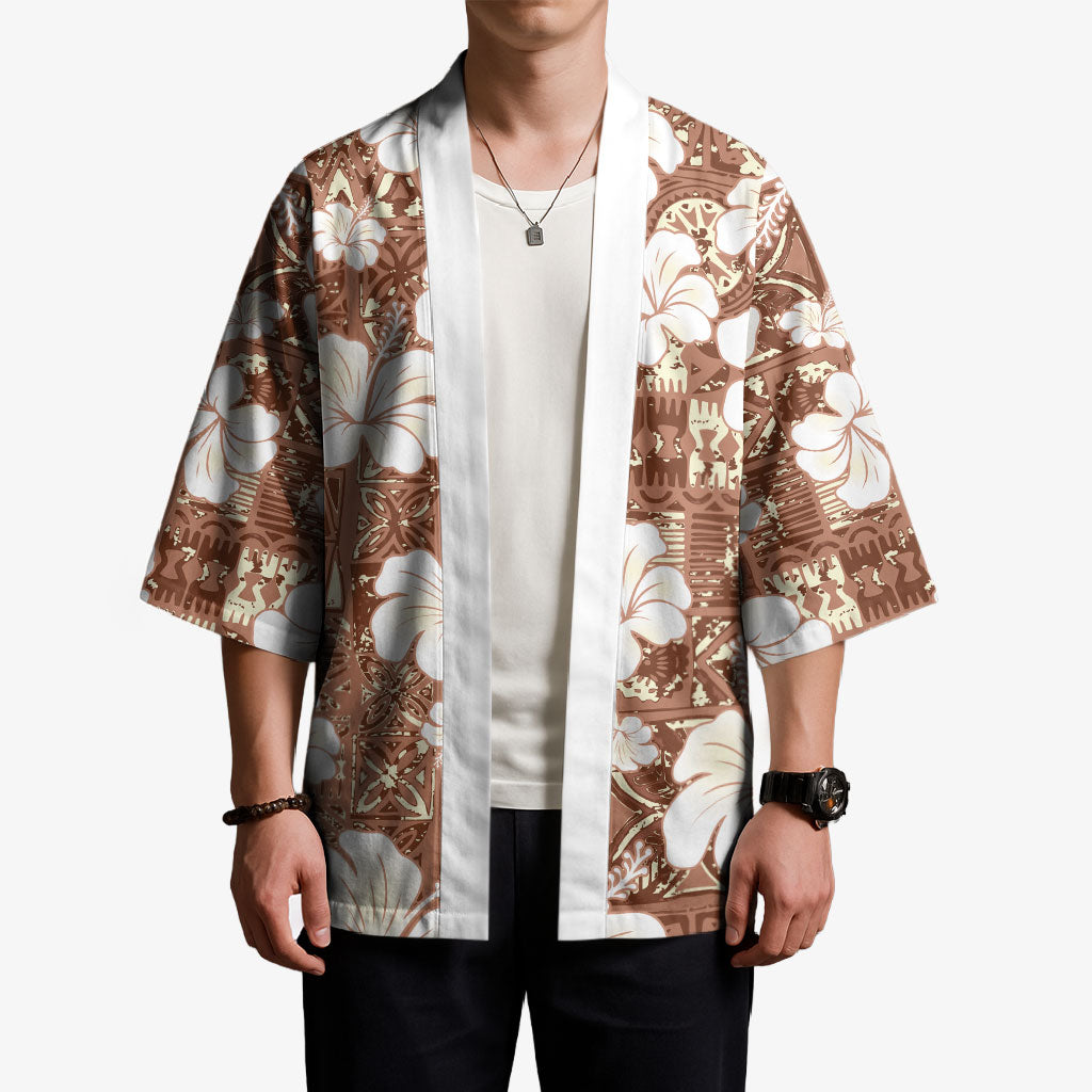 Brown Bula Fiji Masi Hibiscus Seamless Kimono