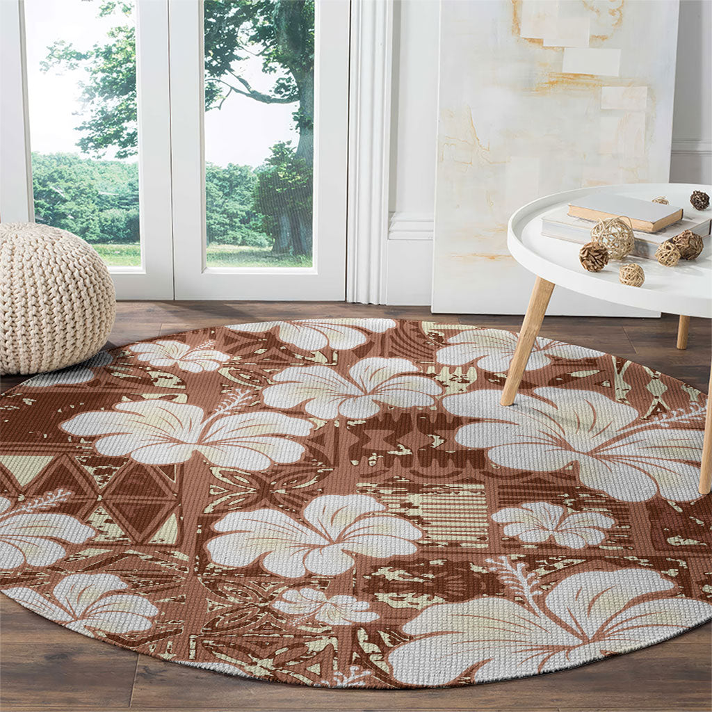 Brown Bula Fiji Masi Hibiscus Seamless Round Carpet